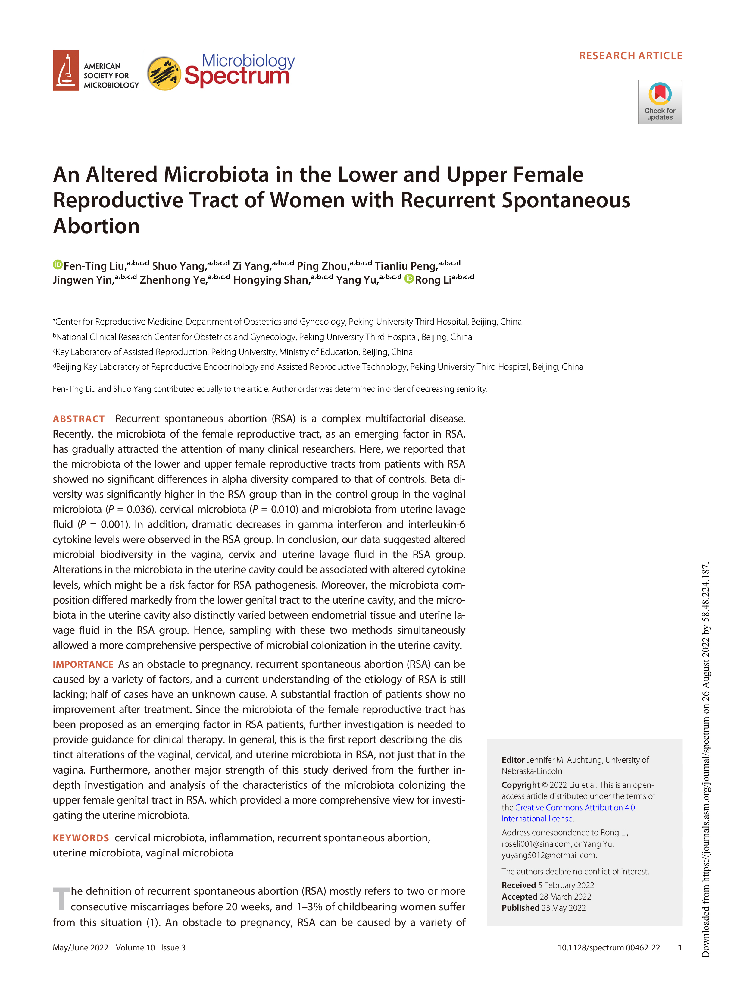 An Altered Microbiota in the Lower and Upper Female Reproductive Tract of Women with Recurrent Spont